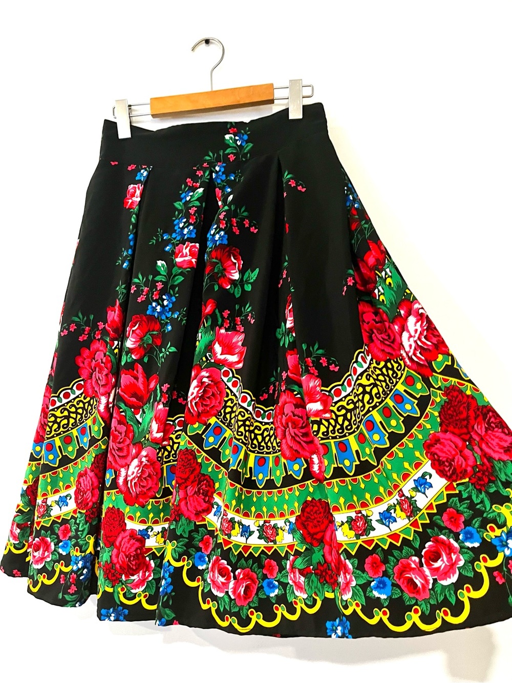 Vintage Floral Print Black Multicolor Pleated A Line Folk Bohemian Skirt Medium - Picture 4 of 6